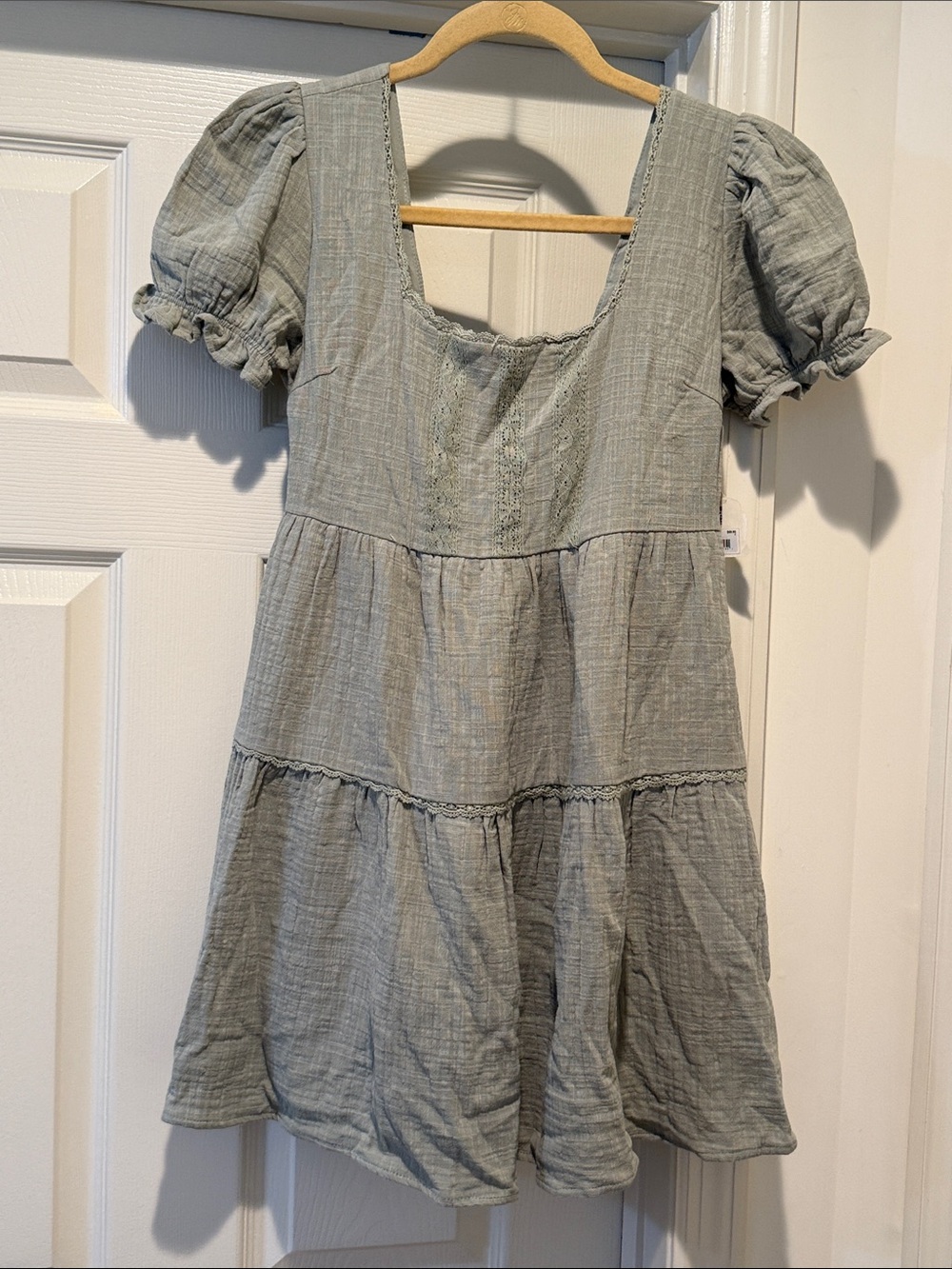 NWT Altar'd State Sage Green Puff Sleeve Cut Out Back Babydoll Lace Mini Dress S